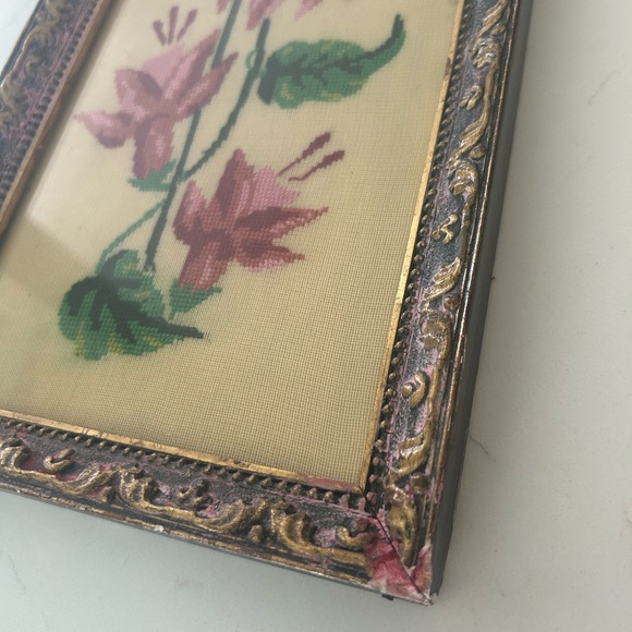 VTG Cross Stitch Floral Needlepoint Wall Art - Pink & Green Fuchsia Design - Picture 10 of 10